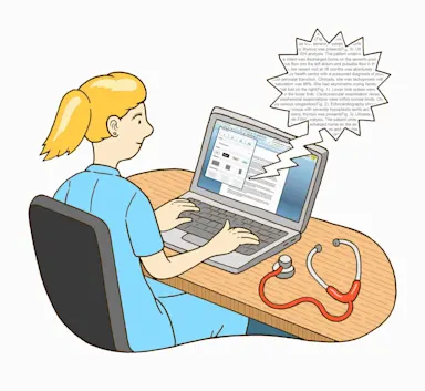 Illustration of a nurse with dyslexia seated at her desk. She is using text-to-speech and other reading options in a word processor on her laptop.
