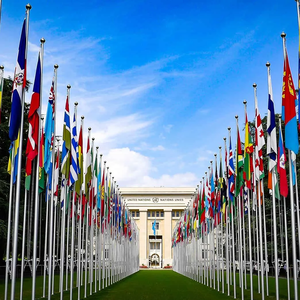 UN Geneva building with flags