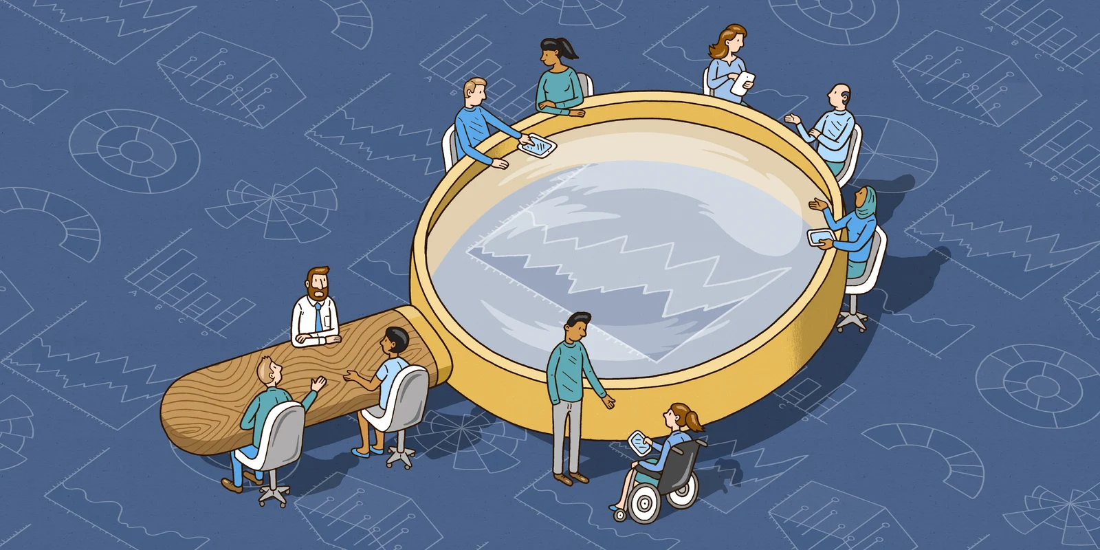 This is an editorial illustration, with dark blue as background. In the middle of the image sits a big magnifying glass, around which are a diverse group of inquisitive researchers.