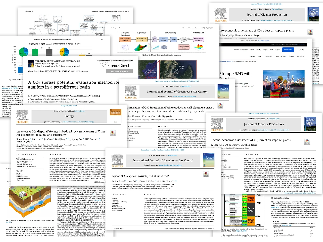 Multiple articles from ScienceDirect that showcase the latest carbon storage research