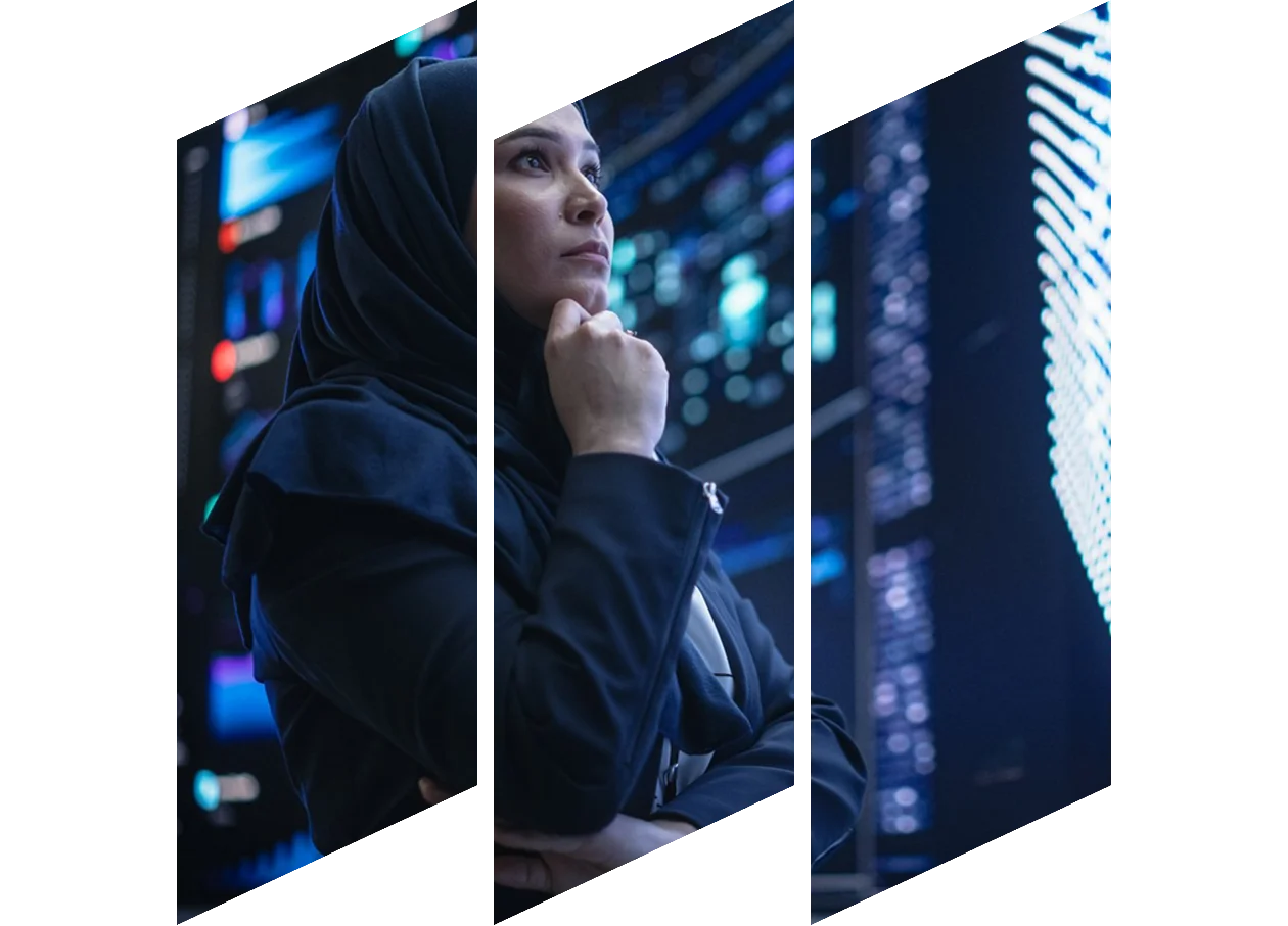 Smart Focused Middle Eastern Software Engineer Analyzing Neural Network Big Data on a Digital Screen