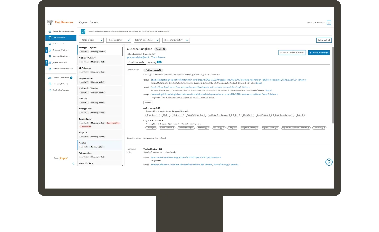 Screenshot of keyword search results in Find Reviewers