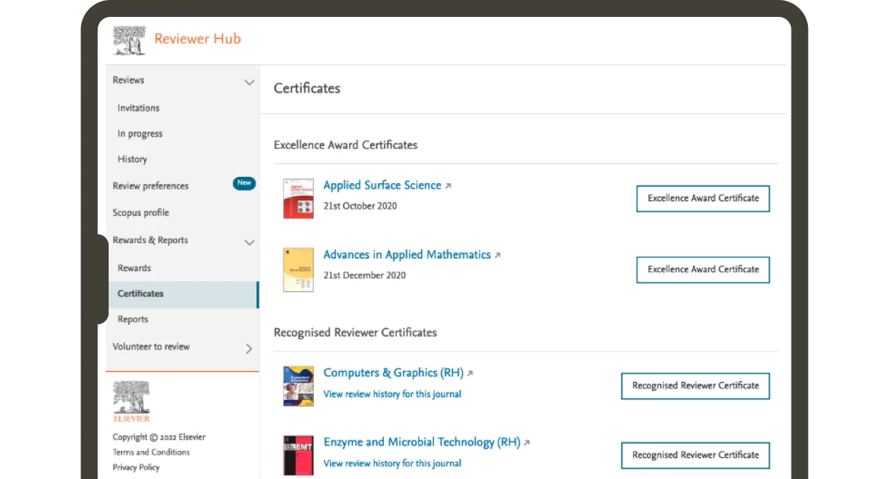 Screenshot of the Certificates page on the Reviewer Hub