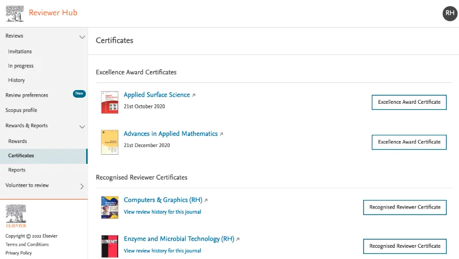 Screenshot of the Certificates page of the Elsevier Reviewer Hub