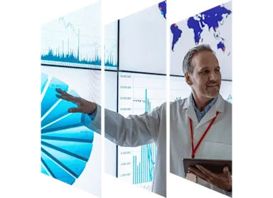 Physician presenting, holding tablet and pointing to data chart
