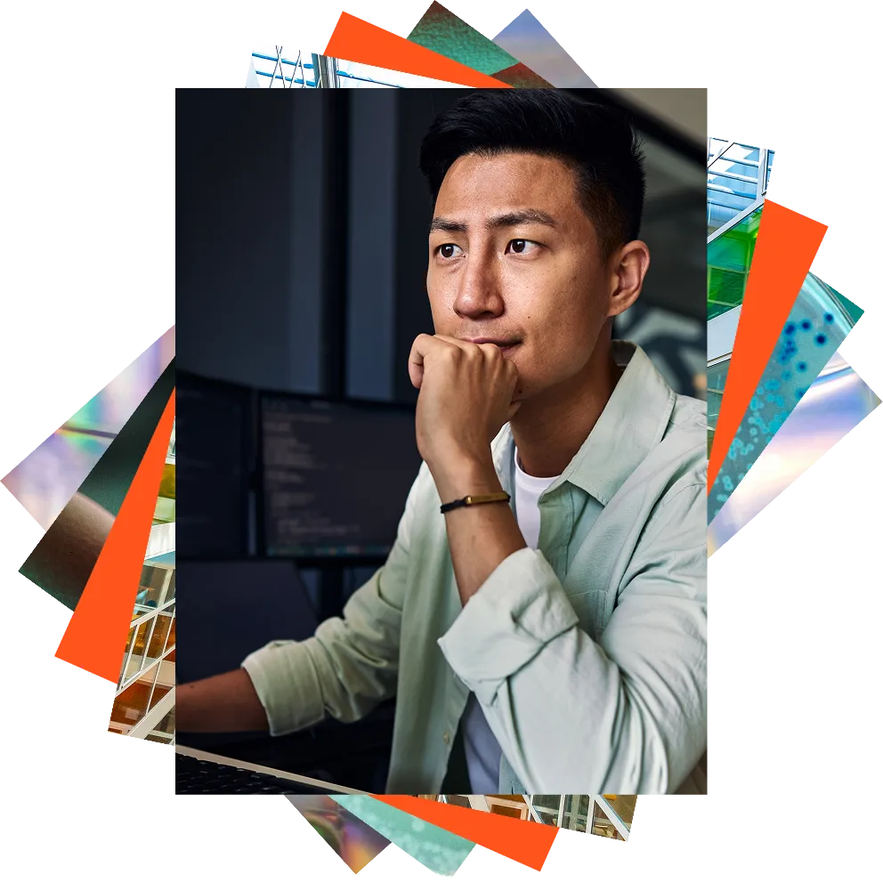 Stack of abstract images on top of one another. Main image on top is a young Asian male, looking at something out of frame.