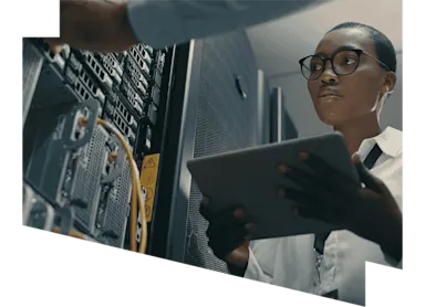 women with glasses looking at servers with ipad in hand