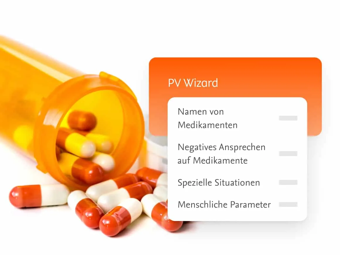Pills spilling out of bottle with overlay of Embase PV Wizard features