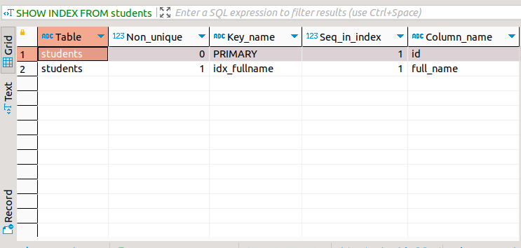 The result for SHOW INDEX should show two indexes