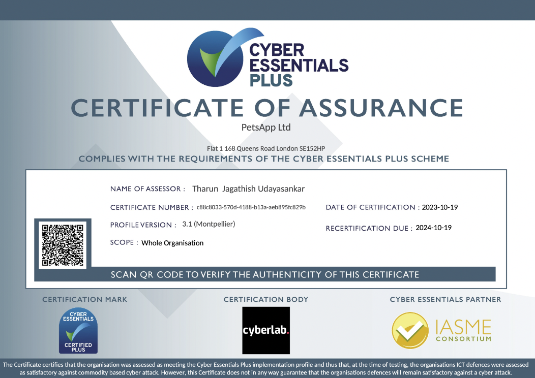 PetsApp Cyber Essential Plus certificate