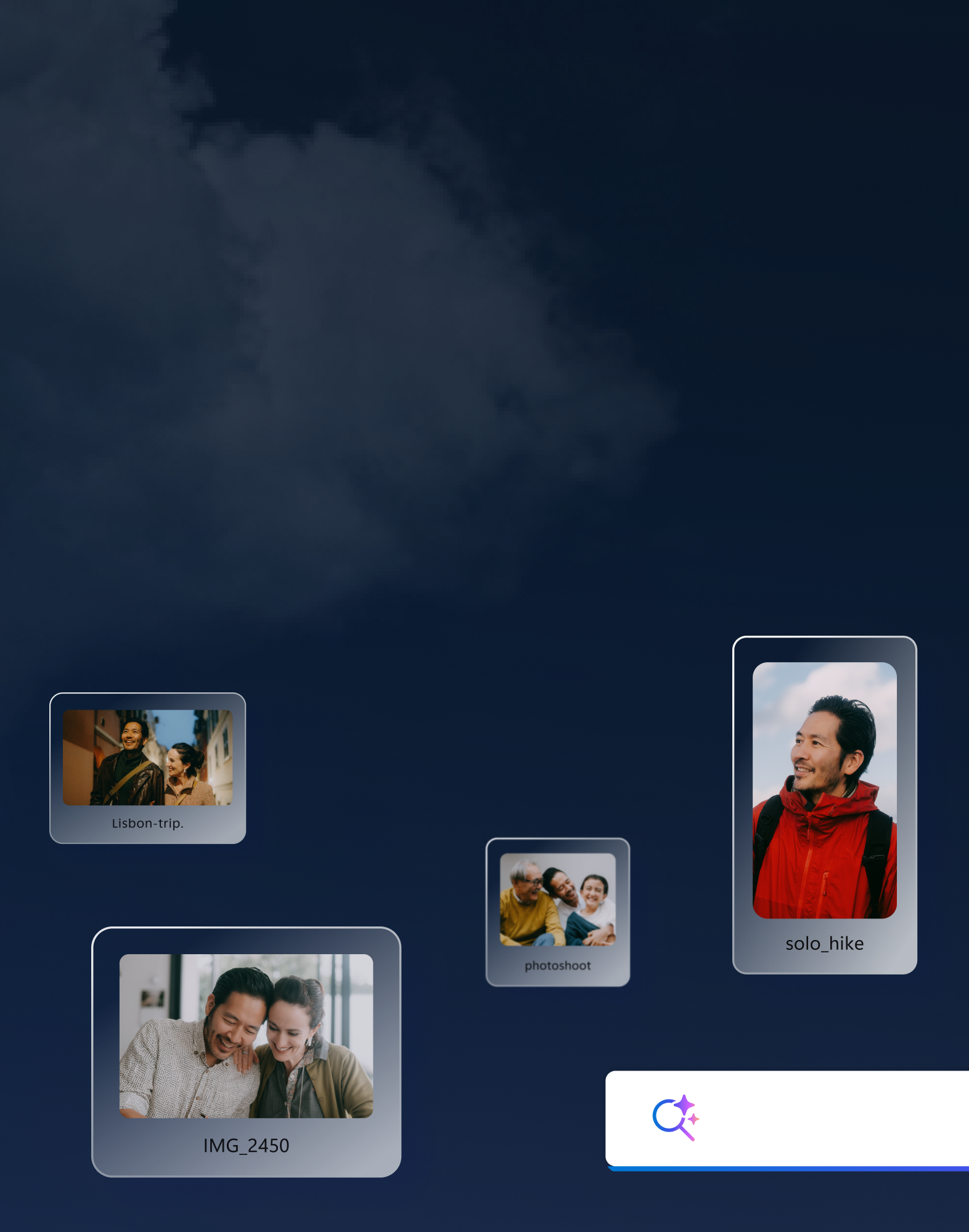 Floating portrait photos and search bar on a dark blue background
