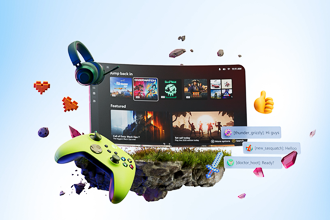 Computer screen with video games surrounded by emojis, headphones, and chat bubbles on a light blue background
