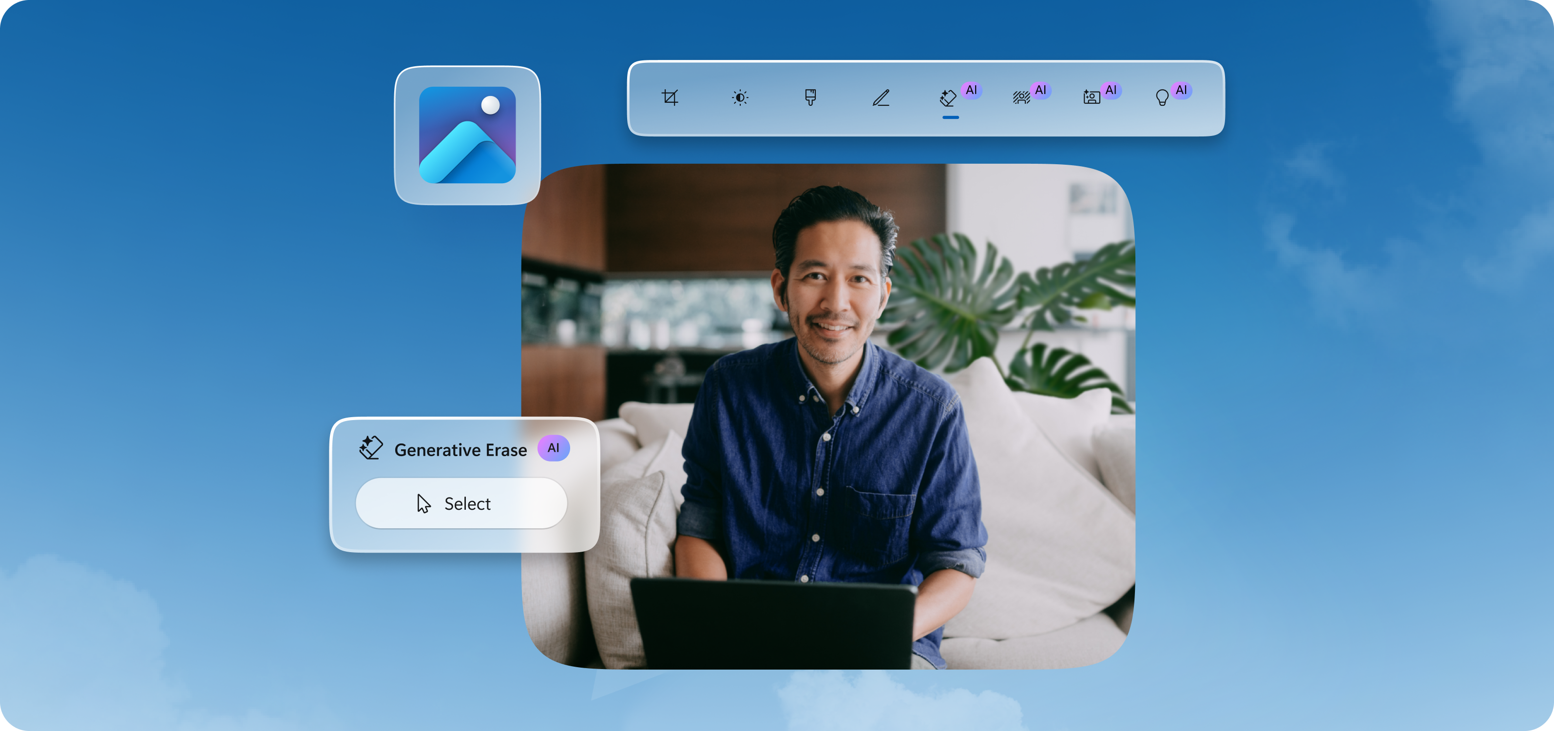 A photo of a man with a laptop with Photos app tools and icons overlapping