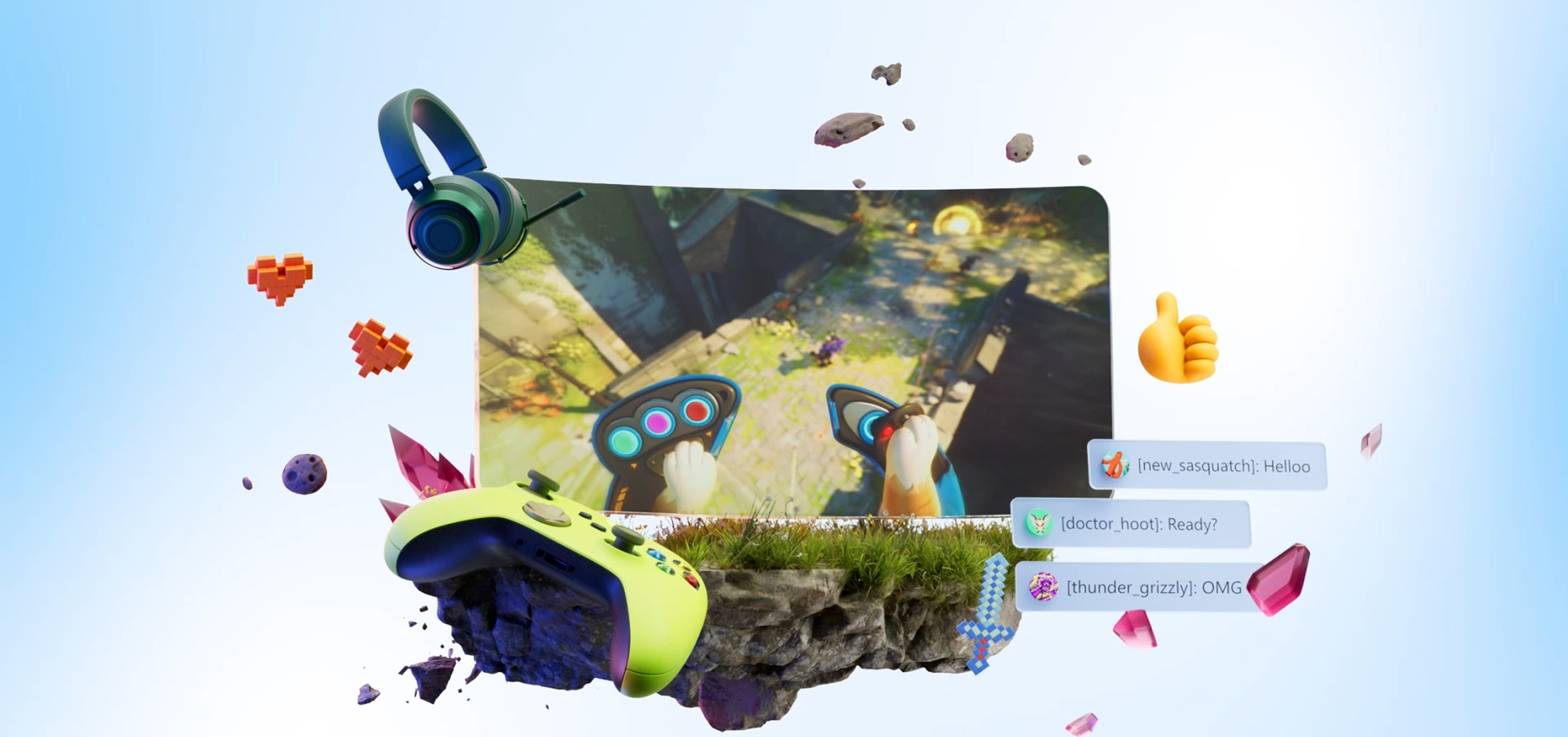 Computer screen with video games surrounded by emojis, headphones, and chat bubbles on a light blue background