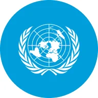 A white world map centered within a grid and surrounded by two olive branches connecting at the bottom. A magenta circle outline surrounds the icon representing the United Nations symbol Logo.
