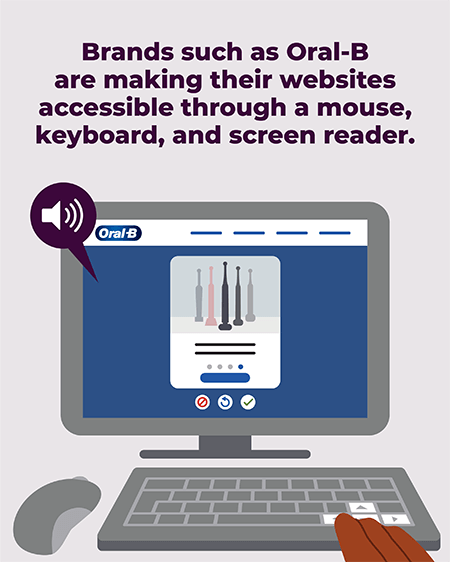 Headline: Brands like Oral-B ensure website accessibility with mouse, keyboard, and screen reader. Illustration: Desktop computer with user employing keyboard for Oral-B toothbrush Selector, denoted by screen reader icon.