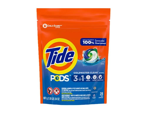 An orange rectangular plastic pouch of Tide PODS laundry detergent pods.