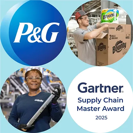 Four circles in a square configuration. A round, blue Procter and Gamble logo. An male plant worker. A female plant worker. Text that reads, "Garner supply chain master award 2024."