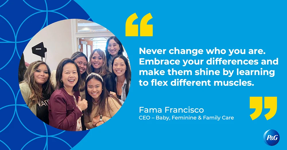 A diverse group of young women smile directly at the camera. The image is set against a blue backdrop and a white text quote that reads, "Never change who you are. Embrace your differences and make them shine by learning to flex different muscles."