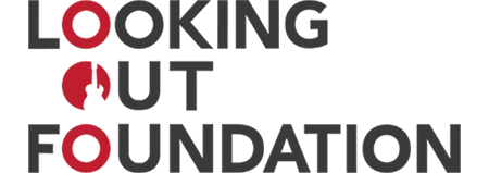 Looking Out Foundation logo showcasing a guitar silhouette within a red circle, representing music and support for artists in need