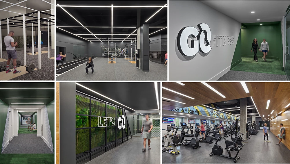 Collage of an indoor athletic facility with exercise equipment, turf walkways, and bold lettered branding on the walls.