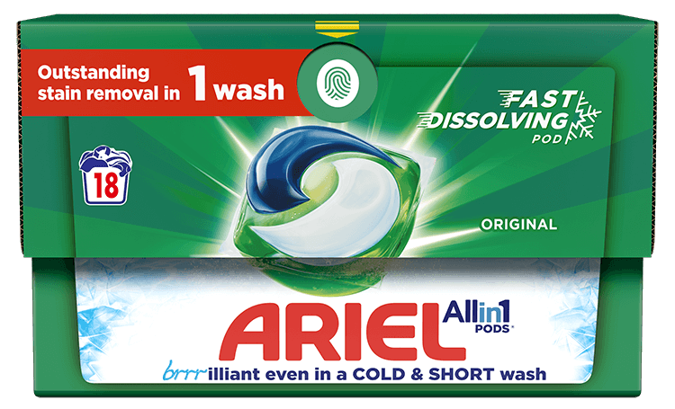 A green cardboard box features a multi-colored laundry detergent pod in the center. White, red and dark blue font reads "New. Cardboard box. Let's reduce plastic. Eco clic box. Ariel all in one pods."