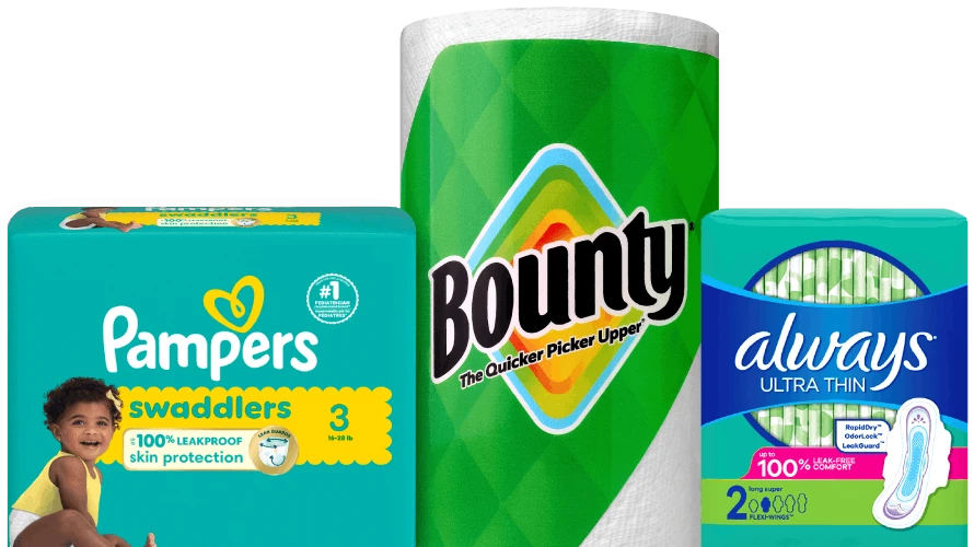 Pampers Swaddlers (light-blue bag), Bounty paper towels (single roll, green Bounty logo prominent) and Always UltraThin pads (carton)