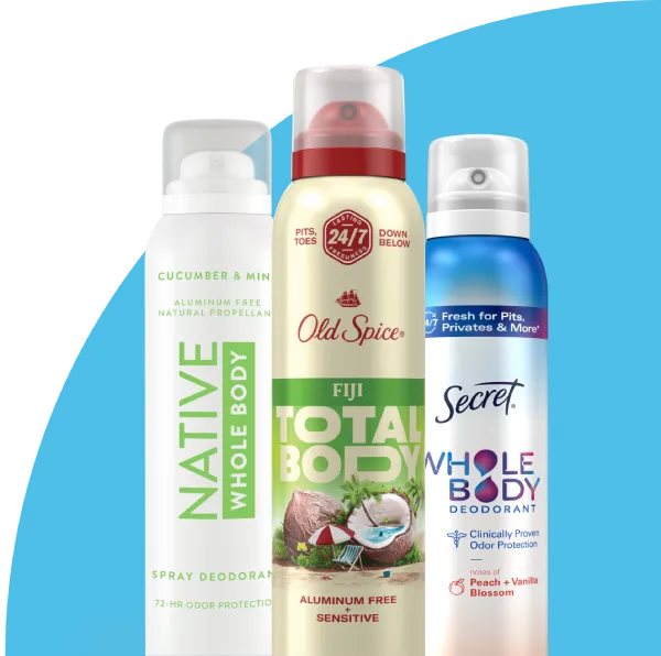 Native Whole Body Deodorant Spray (can). Old Spice Whole Body Deodorant Spray — Fiji scent (can). Secret Whole Body Deodorant Spray (can).