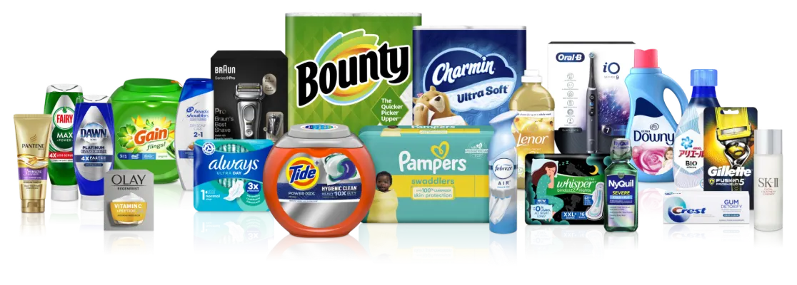 P&G product line-up: Pantene, Fairy, Dawn, Gain, Olay, head & shoulders, Braun, Always, Bounty, Tide, Charmin, Pampers, Febreze, Lenor, Oral-B, Whisper, Downy, NyQuil, Ariel, Crest, Gillette, SK-II