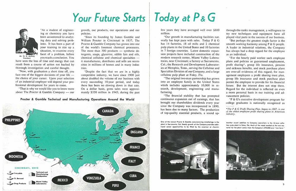 A two-page document with an essay about career opportunities, a map highlighting global operations, and black and white images of factories at night.