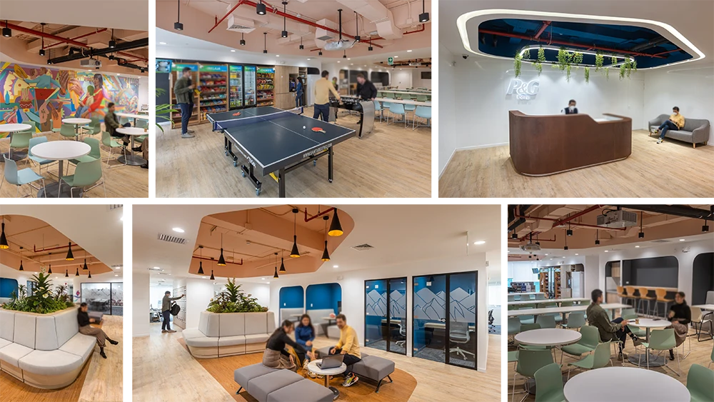 Interior collage of a workplace with a wooden front desk, cafe tables, lounge benches, and game spaces.