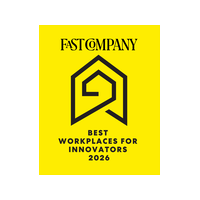 A yellow rectangular logo with black text that says “Fast Company best workplaces for innovators 2026.”