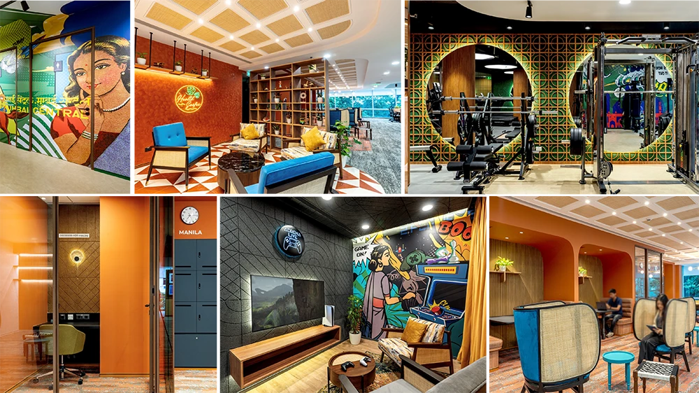 Collage of a vibrant office with colorful Indian pop-art murals, an orange coffee lounge, and a gaming room.