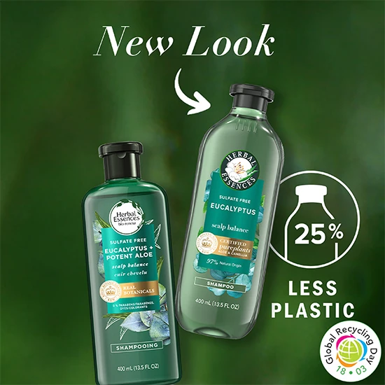 Two dark green shampoo bottles. Their green, gold and white labels indicate the scent is eucalyptus. White typeface reads "25 percent less plastic."