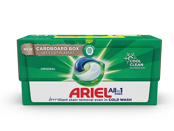 A picture of Ariel's new Ecoclic Box. The box is green and white and shows a large laundry pod in the middle. The packaging encourages users to cut plastic and wash clothes with cold water.