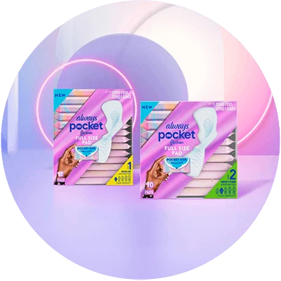 Two pink boxes of Always feminine products.