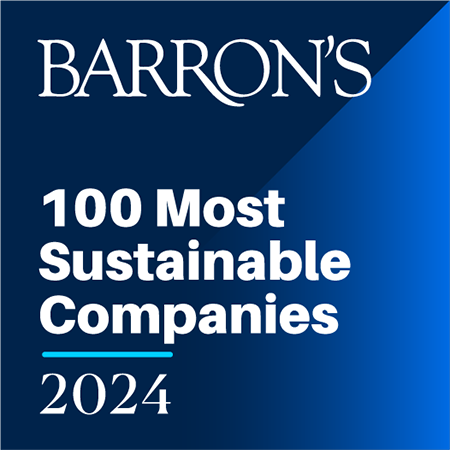 White text reads, "Barron's 100 most sustainable companies 2024." The text is displayed against and dark and light blue background.