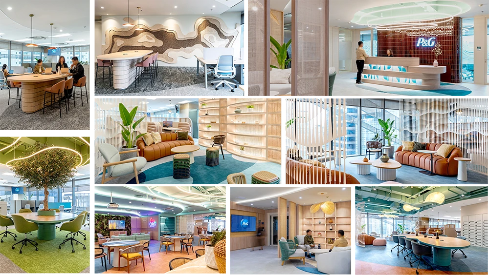 Modern office photos showing nature-inspired design, wavy wall panels, round meeting tables, and teal carpets.