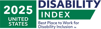 A green and blue text based logo that says “2025 United States. Disability Index best places to work for disability inclusion.”