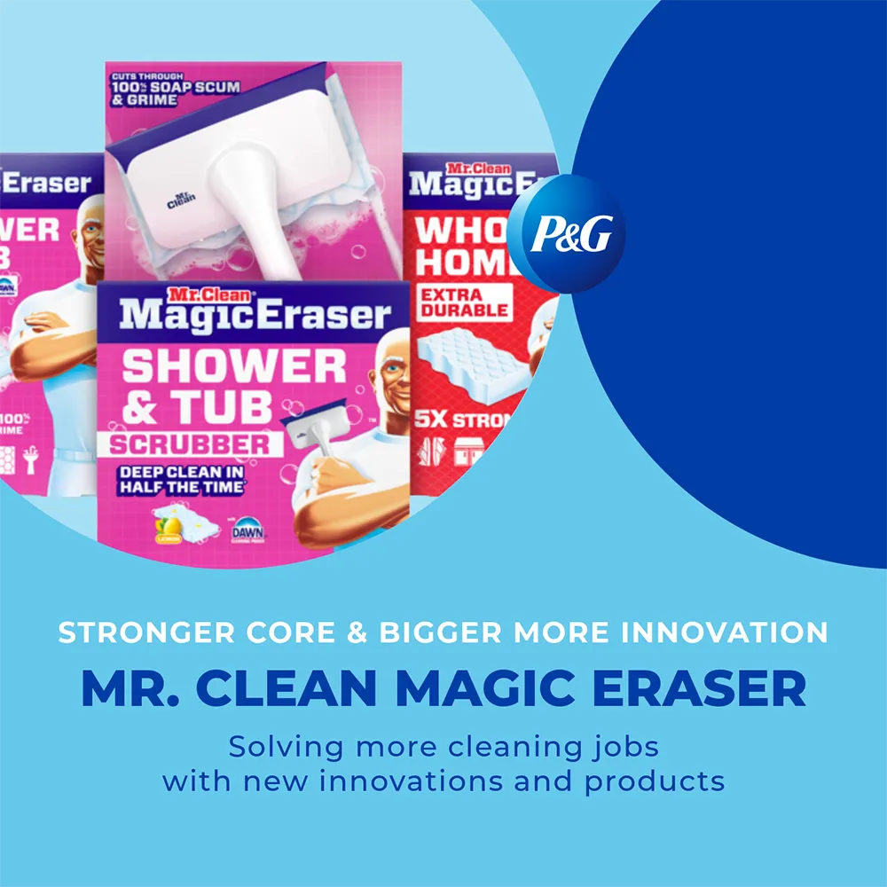 Pink and red box packages of Mr. Clean products. A blue background and white text highlight the product’s innovation.