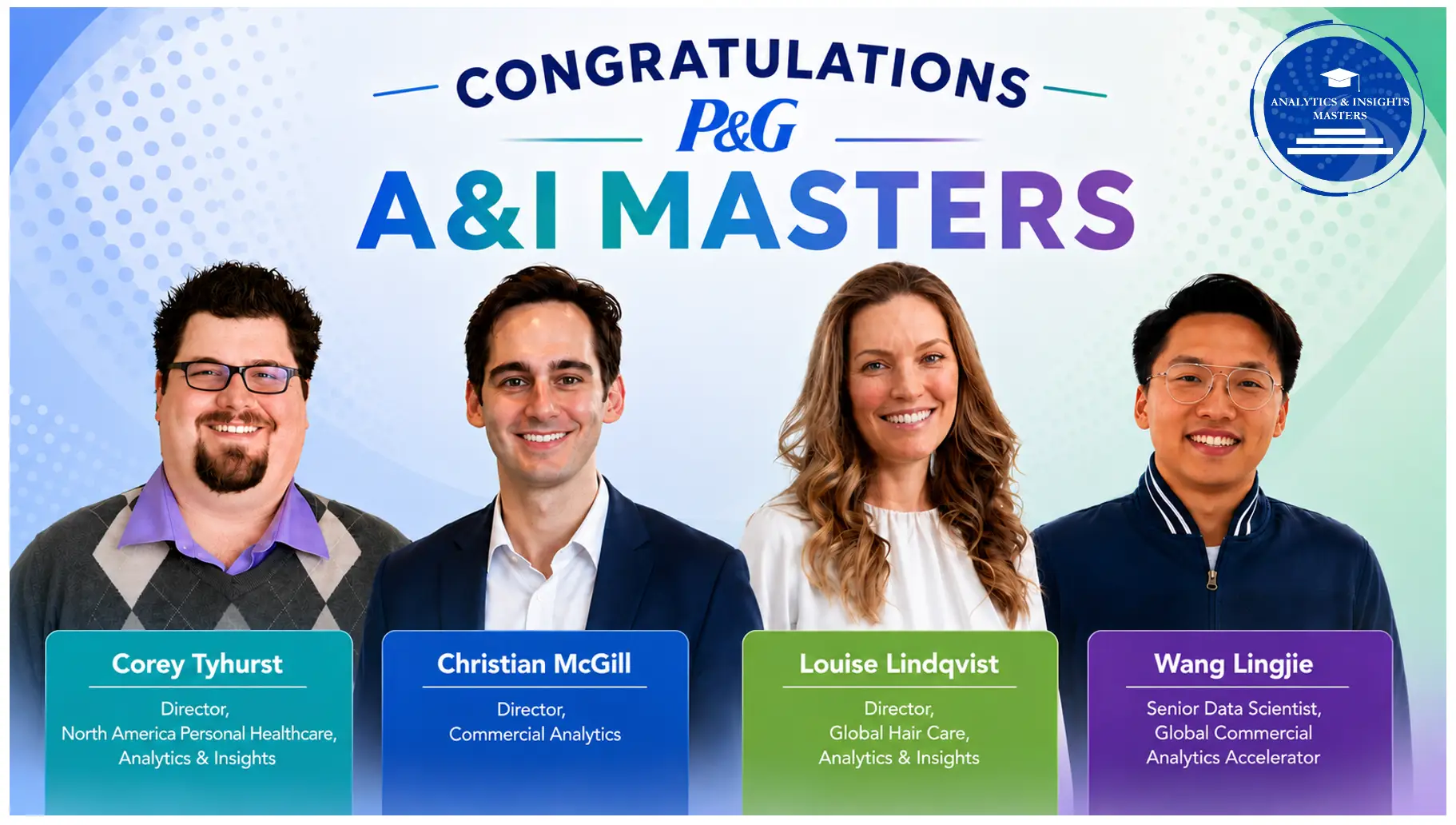 A promotional image featuring four smiling employees recognized for their expertise in Analytics & Insights, with their names and roles displayed.