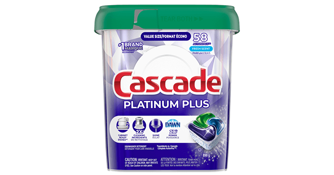 A tall tub prominently displays the red typeface logo for Cascade and lists "platinum plus" as the product name. It also includes the image of a square dishwasher detergent pod that contains various pockets for powder and multicolored liquids.