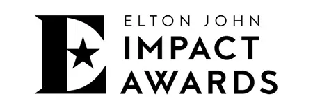 Elton John Impact Awards logo displayed on a white background with black text and a stylized “E” and star icon.