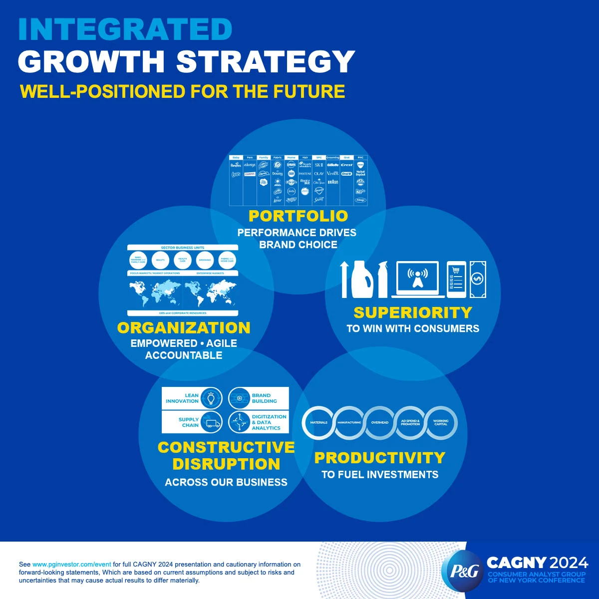 Five blue, white and yellow illustrated circles outline Procter & Gamble's integrated growth strategy. Images and text outline the five areas of this strategy: portfolio, superiority, productivity, constructive disruption and organization.