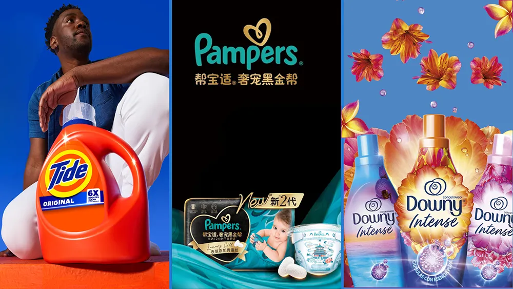 Three images side by side show a man kneeling behind a Tide Original laundry detergent bottle, a package of Pampers silk diapers, and three bottles of Downy Intense fabric softener.