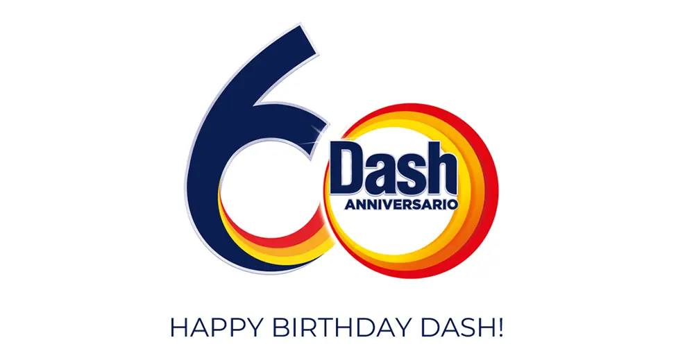 A blue, orange and yellow text logo that says “60 dash anniversario. Happy birthday dash!”