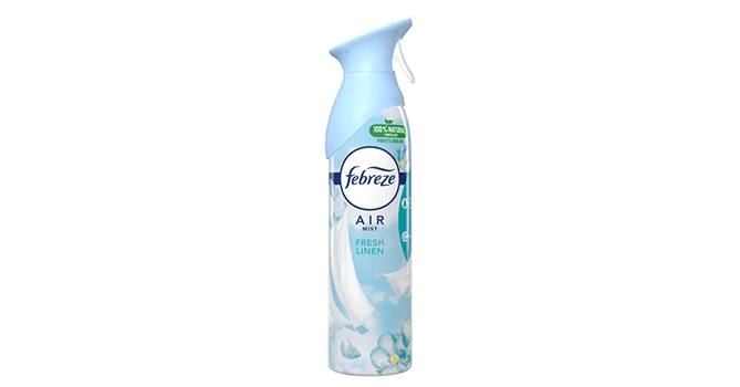 A light blue cylinder shaped bottle features an image of clean sheets hanging to dry in front of white clouds. The round blue typeface logo of Febreze is placed near the top of the bottle. 