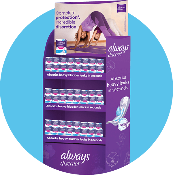Store display for Always Discreet showing product and text “Complete protection – Incredible discretion” and “Absorbs heavy leaks in seconds”.