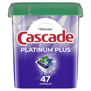 A container of dishwasher detergent pods with a green lid, featuring a colorful cleaning pod and stating "47 capsules."