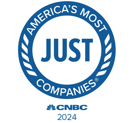  A round blue circle logo features black and blue text that says "America's most just companies. CNBC 2024." 